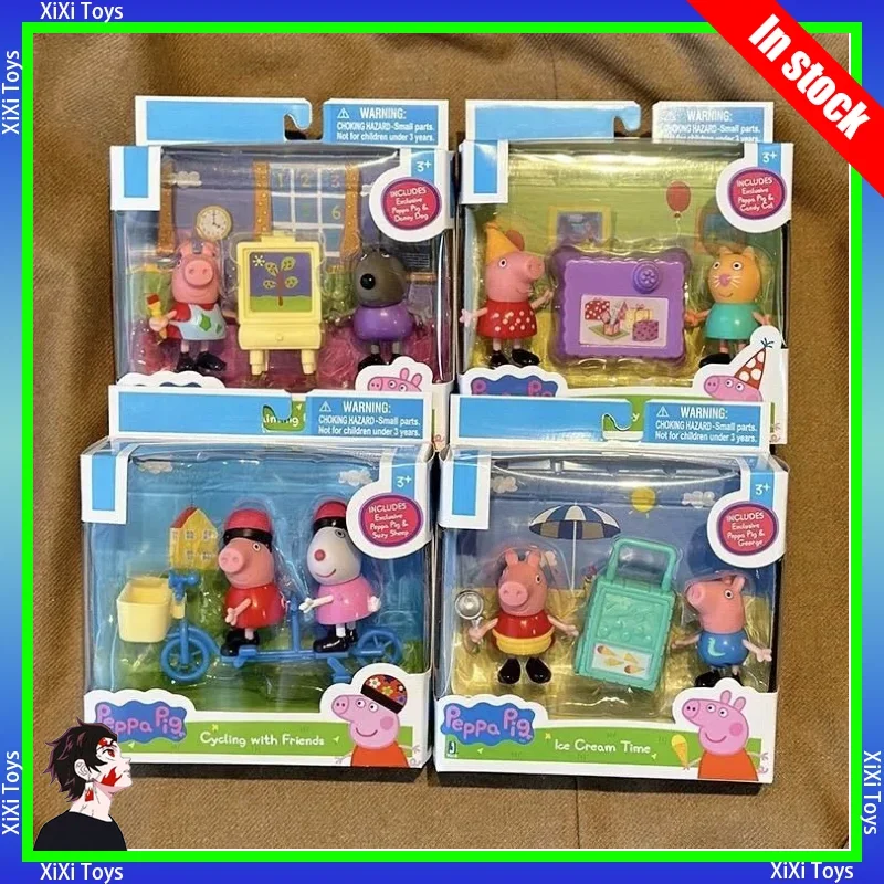 Bonecos Originais Peppa Pig e Suzy Sheep Montando em Bicicleta, George na Hora do Sorvete, Danny Dog, Bonecos de Pintura, Presente de Férias para Crianças