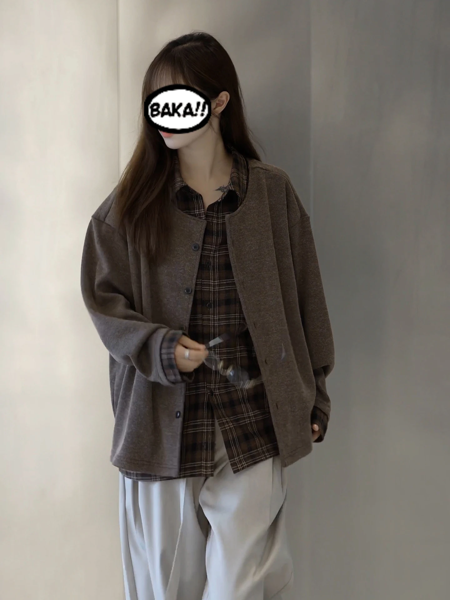 

Autumn Brown Brued Plaid irt Men's Layered Wear Stand Fit Long Sve Breathable Slimming Button down Casual Top