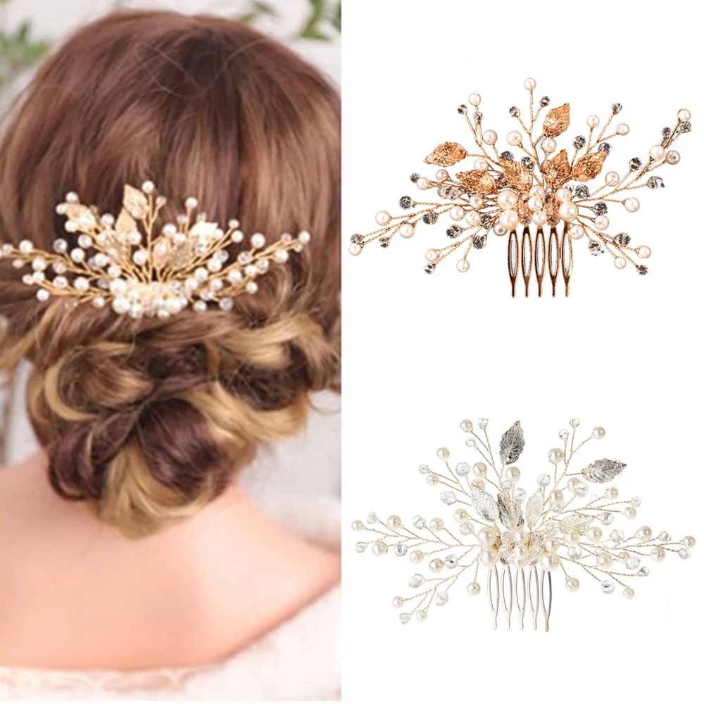 5 Teeth Hair Side Combs with Hypo-allergenic Alloy Crystal Leaf Shape for Banquet Wedding Dresses Skirts