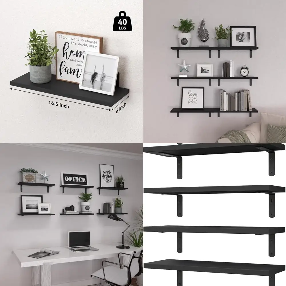 

Set of 6 Black Floating Shelves - Wall Decor for Farmhouse Style, Storage Solutions for Bedrooms and Bathrooms, Living Room Book