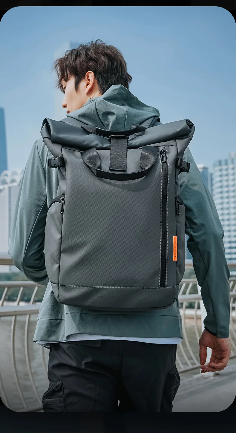 TANGCOOL Gentleman Roll-Top-Rucksack, großes Fassungsvermögen, leicht, wasserdicht, mit mehreren Fächern, für Geschäftsreisen, Laptop-Tasche – Detail 5