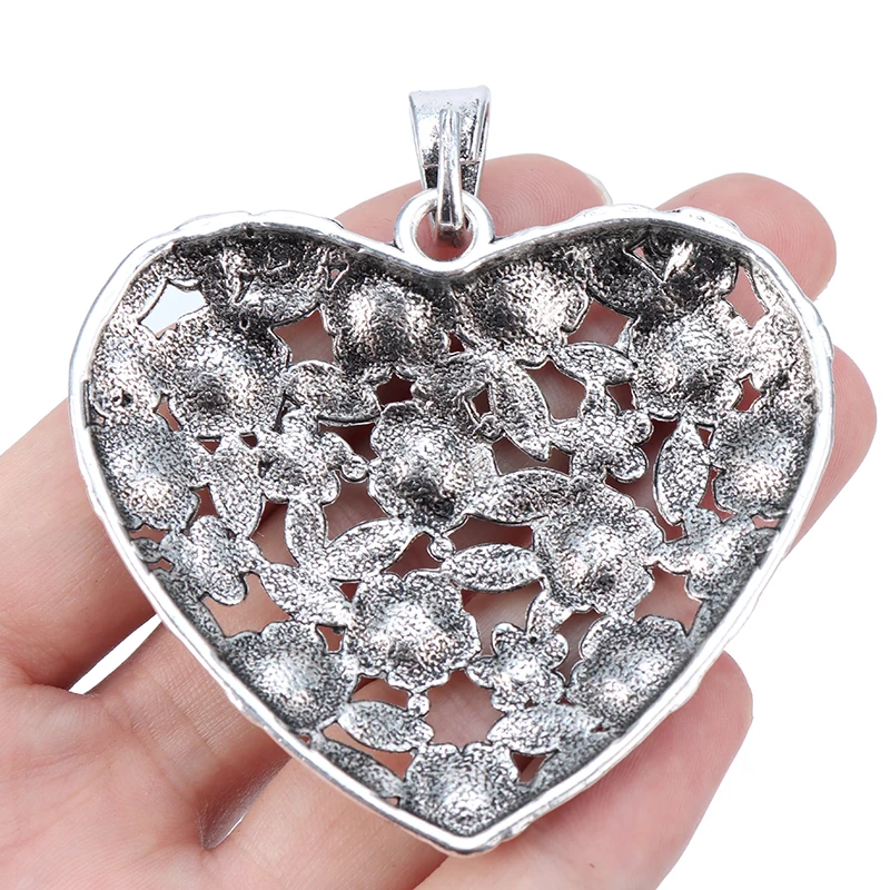 ZXZ 2pcs Antique Silver Color Large Flower Heart Shape Charms Pendants for Necklace Jewellery Making