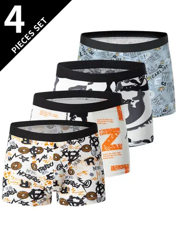 4/10 Piece Men's To Teenagers' Parent-child Underwear Simple And Fashionable Printed Boyshort Joker Casual Elastic Waist Shorts