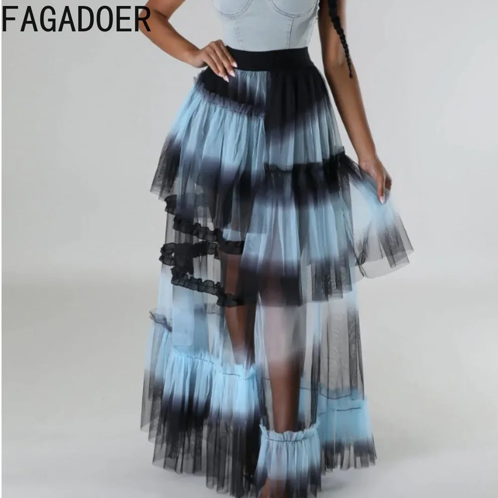 

FAGADOER Fashion Mesh Printing Gothic Punk Stacked Skirts Women High Waisted Loose A-line Skirts Female Perspective Streetwear