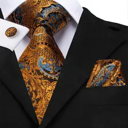 Hi-Tie Luxury Mens Ties Floral Black Gold Ties Paisley NeckTie Pocket Square Cufflinks Set Men's Wedding Party Tie