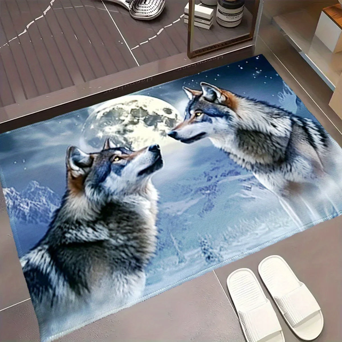 Wolf Moon Doormat Welcome Mat Outdoor Entrance Rug for House Pet Decor Waterproof Wolf Print Forest Trail Mat