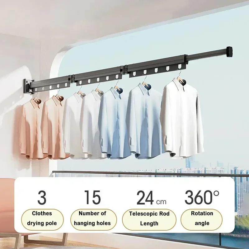 Reusable Suction Wall Mount Folding Clothes Drying Rack With Retractable Suction Cup Extension Pole 3-Fold Clothes Drying Rack