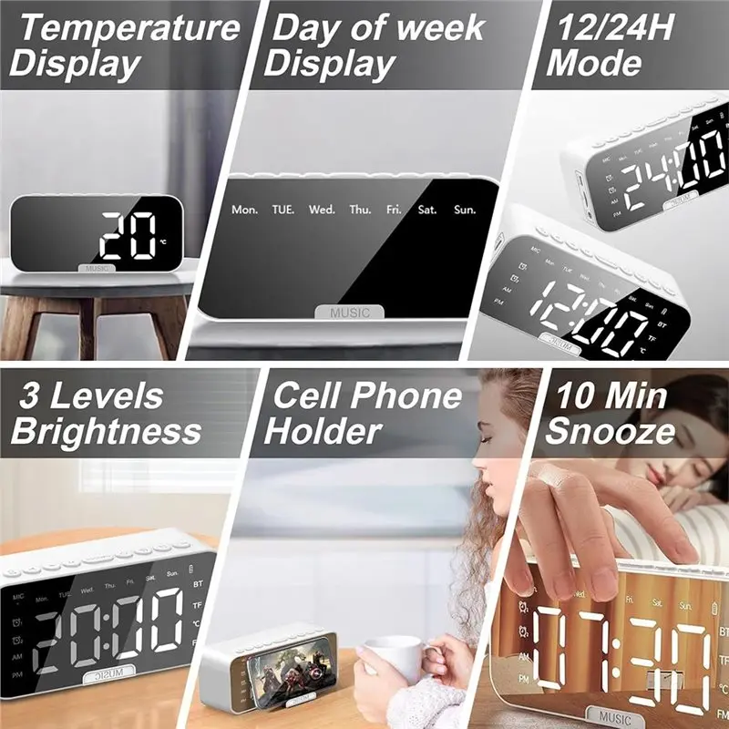 AB34-Bluetooth Speaker Alarm Clock, Dual-Alarm Digital Bedside Clock With Phone Holder, AUX TF Card Input For Bedroom
