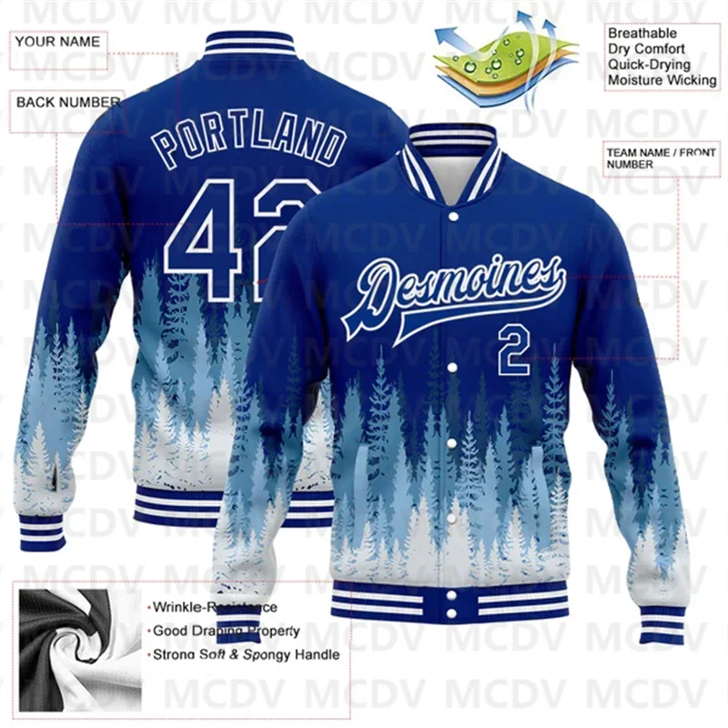 Custom Royal White Christmas Tree 3D Bomber Full-Snap Varsity Letterman Jacket