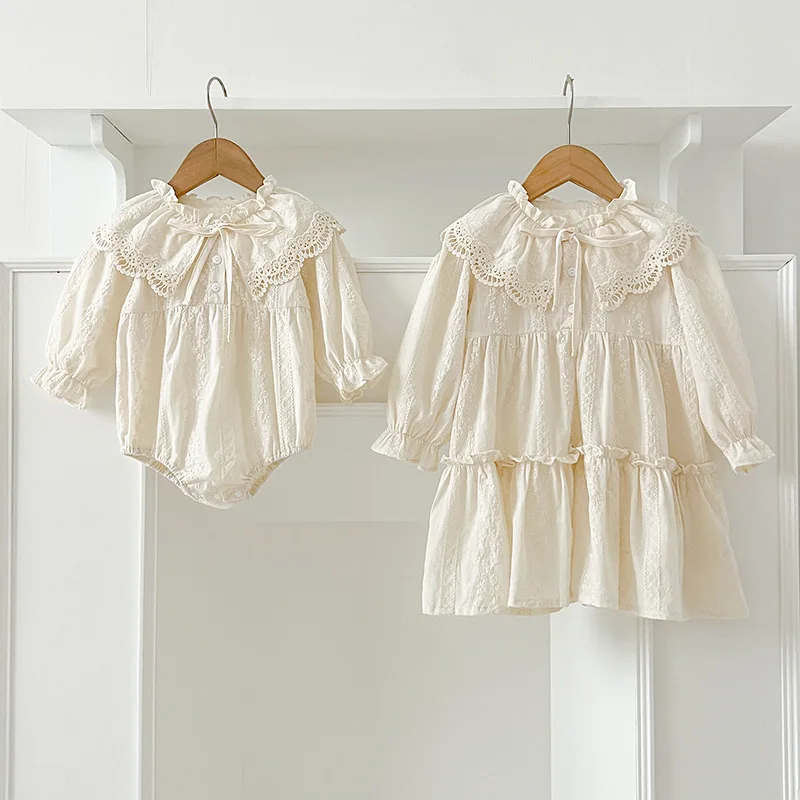 

Girls' Dress with Turn-Down Collar Lace Baby Girl Romper Dress Stylish Long Sleeve Princess Dress Sister Outfit