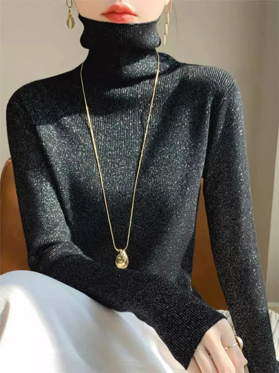 Thickened High Collar Women's Base Shirt Gold And Silver Thread Knitted Sweater Winter Fashion Commute Style Regular Fit Long...