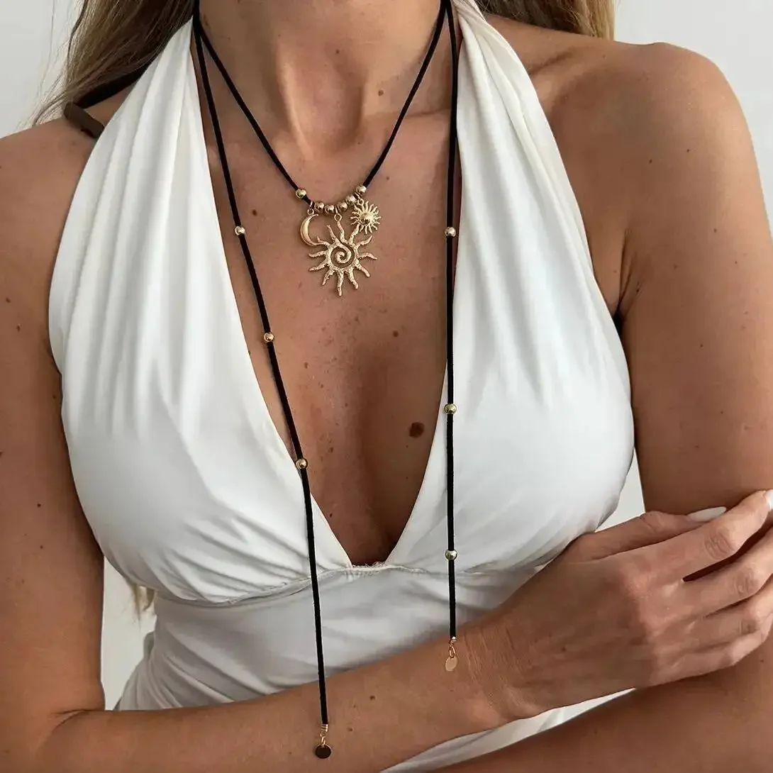 New Trendy Simple Moon Sun Pendant Necklace for Women Vintage Black Red Brown Adjustable Long Rope Neck Accessories Jewelry