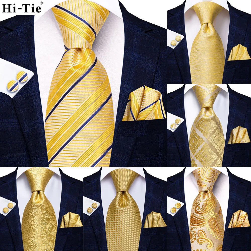 2022 New Design Yellow Blue Striped Fashion Brand Tie for Men Wedding Party Necktie Handky Cufflinks Gift Wholesale Hi-Tie