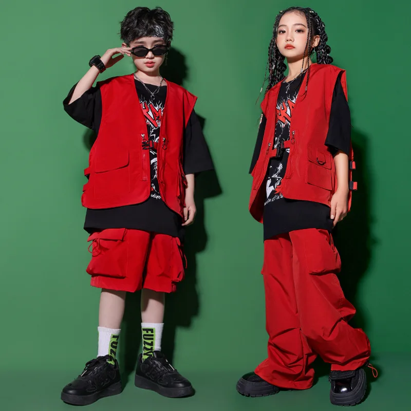 

Kid Hip Hop Clothing Red Sleeveless Jacket Vest T Shirt Casual Drawstring Cargo Pants Shorts for Girl Boy Dance Costume Clothes