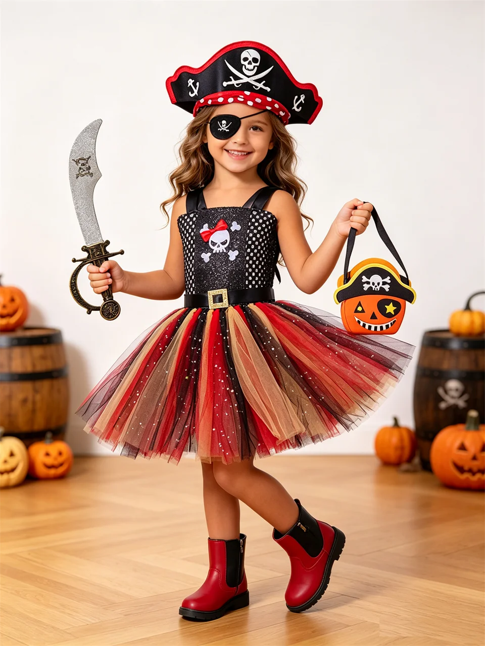 Children's Halloween Cosplay Pirate Captain Costume Carnival Kids Party Girl Skull Print Masquerade Tutu Dress Infants Ball Gown
