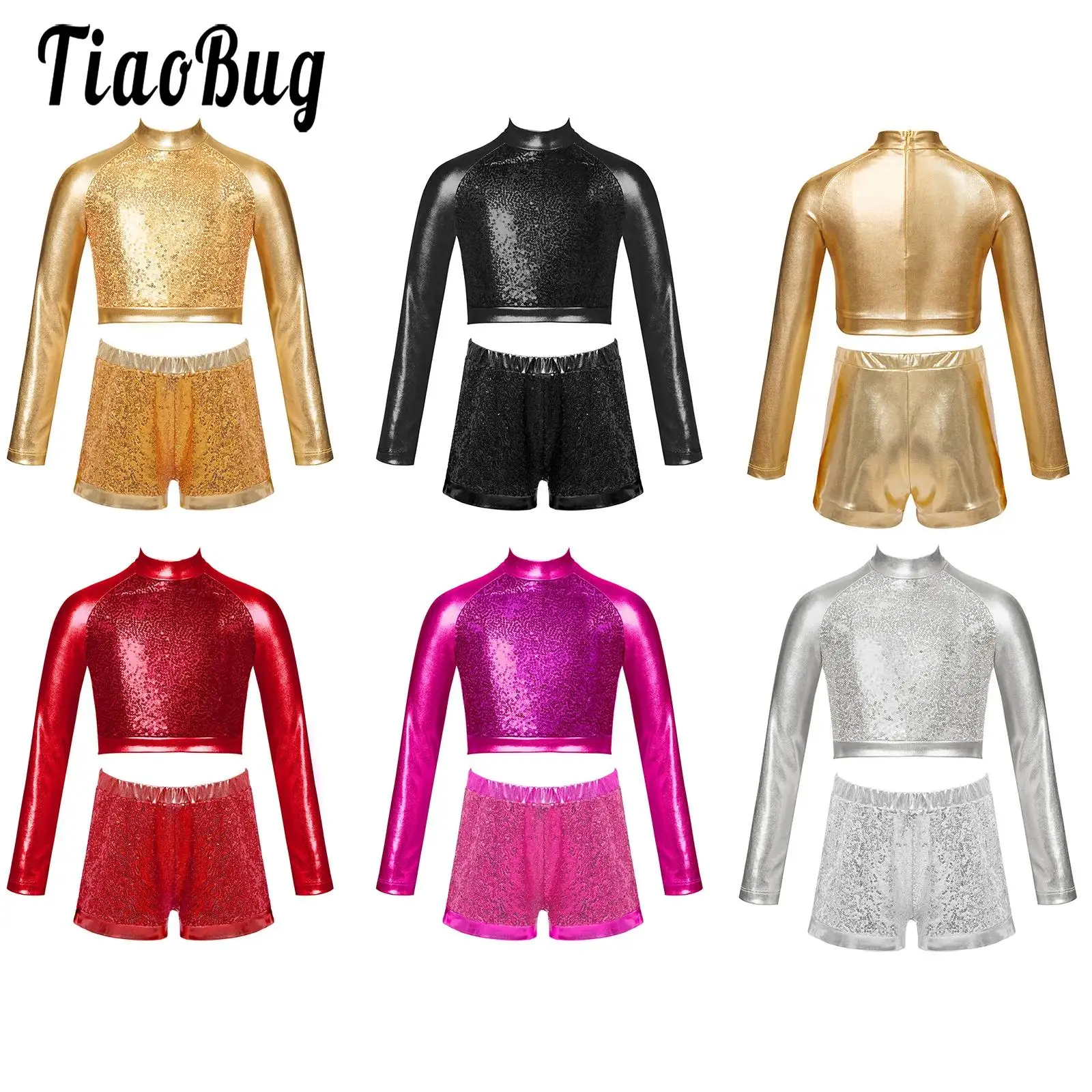 

Kids Girls Jazz Street Dance Sets Performance Costume Gym Modern Dance Outfit Long Sleeve Shiny Sequined Crop Top with Shorts