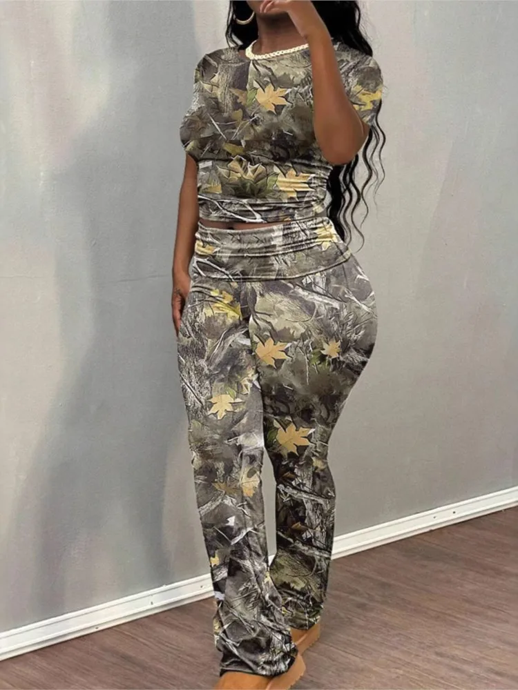 

Women Fashion Printed 2 Pieces Sets Casual Short-sleeve T-shirt And Long Trousers Female Summer Pants Sets Streetwear Outfits