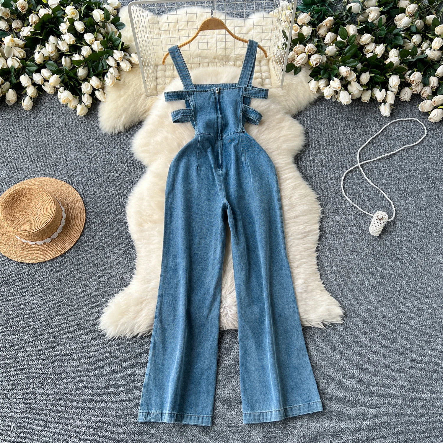 Women Summer Denim Overalls Season Hollow Out Slim Waist Wide Leg Jumpsuits Fashion Rompers Jeans Outfits