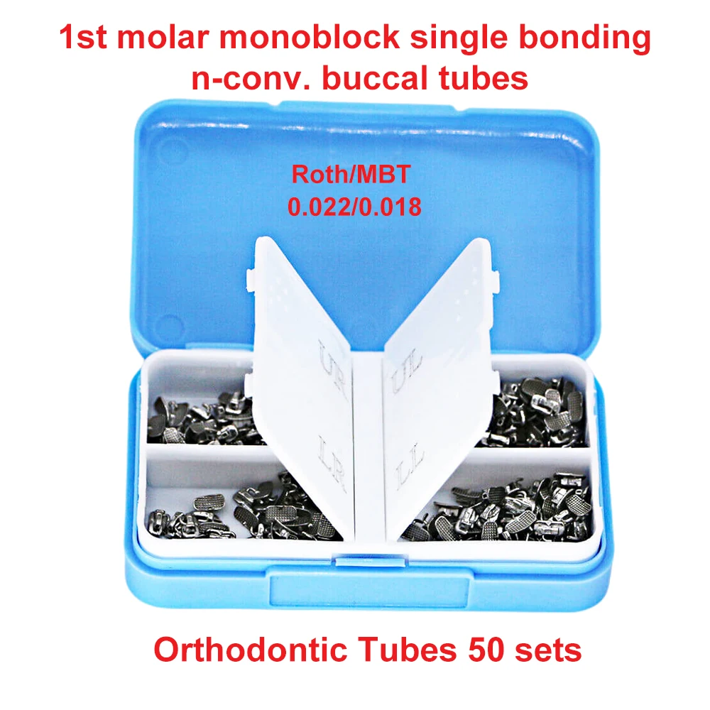 

Dentistry Orthodontic Tubes 50 Sets 1st Molar Monoblock Buccal Roth MBT 022 018 Single Bonding Non-Convertible Dental Dentist