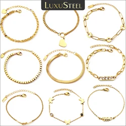 LUXUSTEEL Simple 316L Stainless Steel Link Chain Bracelets For Women Golden Plated Heart Crystal Charm Bangle Korean Jewelry