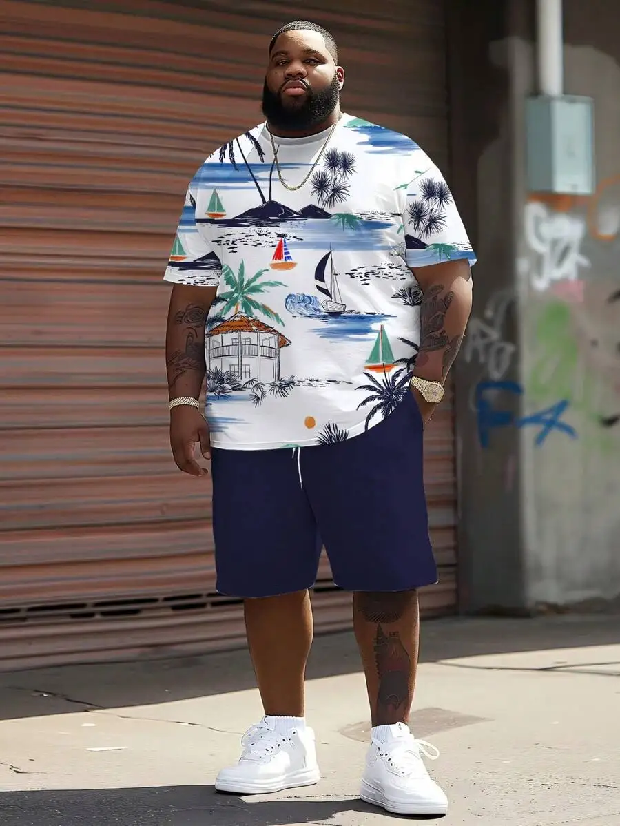 

Big & Tall Mens Hawaiian Palm Tree Sailboat Print Casual Loose Fit Short Sleeve T-Shirt And Shorts Set
