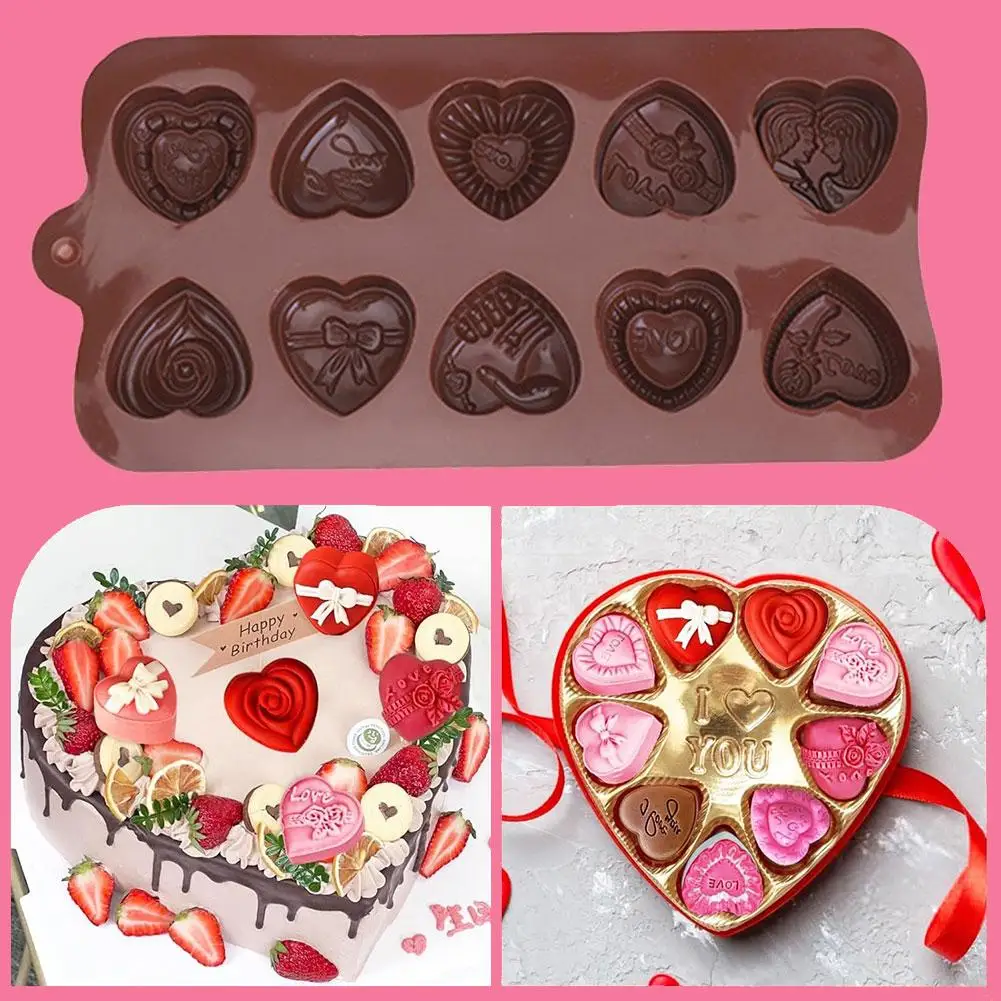 1/2pcs Cake Silicone Mold 10holes Heart Love Rose Chocolate Making Molds Tray For DIY Valentine's Day Chocolate Candy Baking