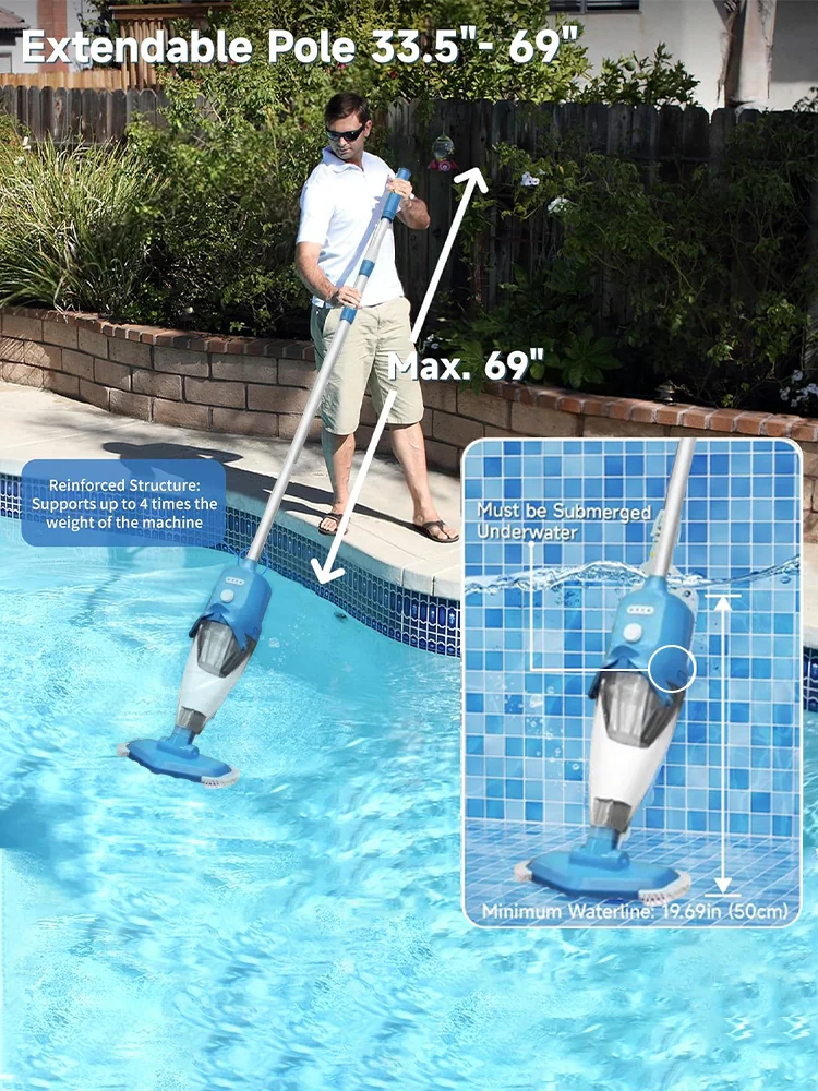 Handstaubsauger, wiederaufladbar, für Spas, Whirlpools, kleine Pools mit automatischem Tauchdetektor, Borsten-Saugdüse