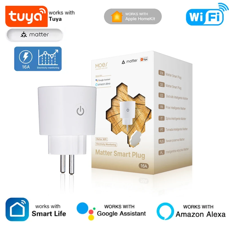 MOES Smart Plug 16A Matter WiFi Smart Socket Timer Outlet Power Monitor Support TUYA Apple Homekit Work With Google Home Alexa