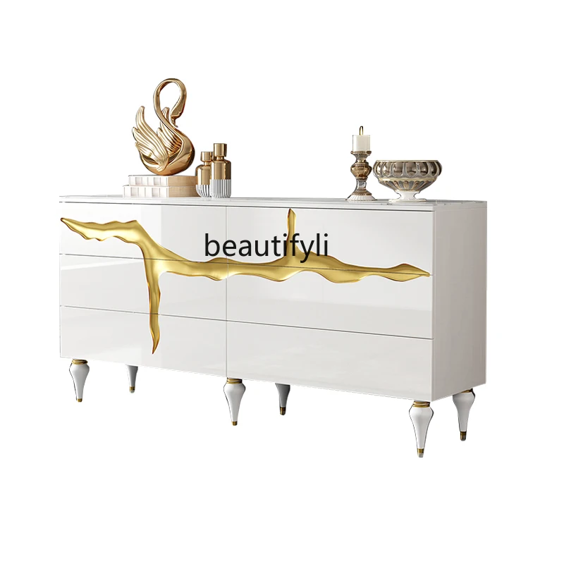 

New Chinese Style Chest of Drawers Solid Wood Stone Plate Living Room American Entrance Cabinet Paint Marble Chest of Drawers