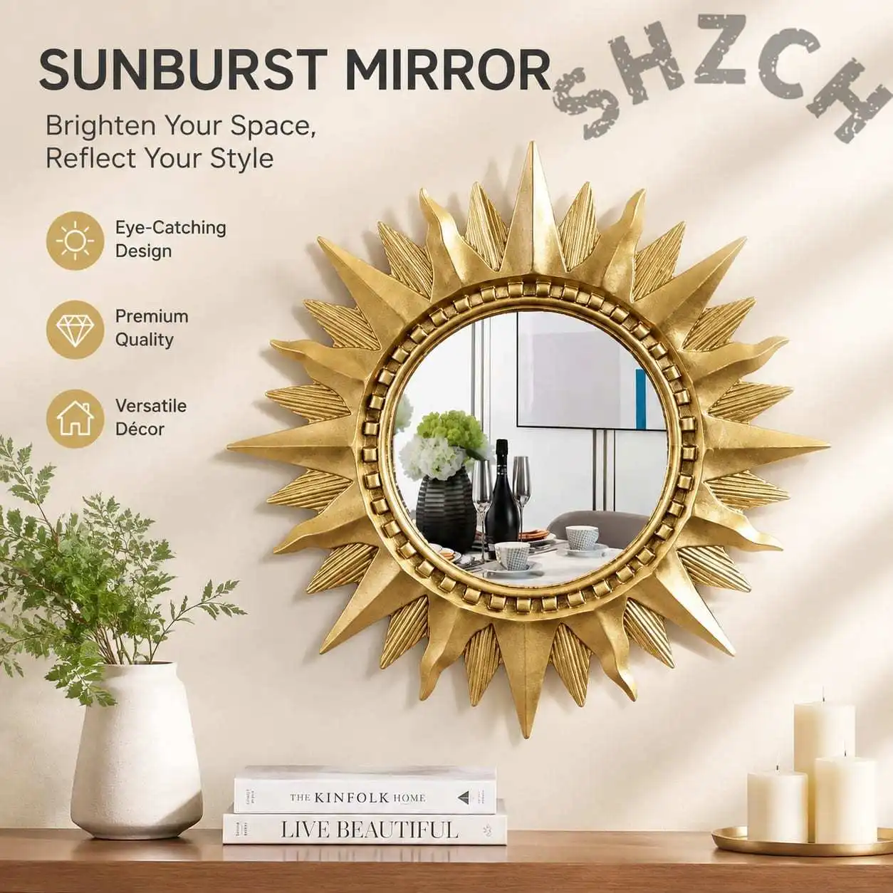 Modern Gold-Tone Wall Mirror – European-Inspired Minimalist Decorative Mirror for Bedroom, Bathroom & Living Room