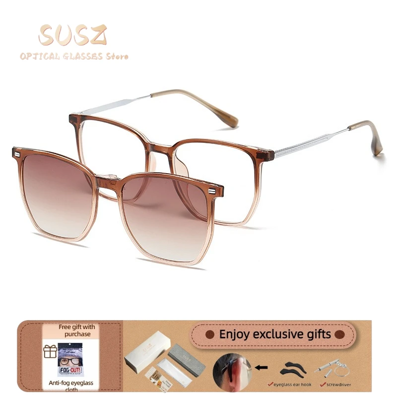 SUSZ Comfortable Square Magnet Clip  Polarized Sunglasses Women Optical Anti Blue Ray Myopia Progressive Prescription Eyeglasses