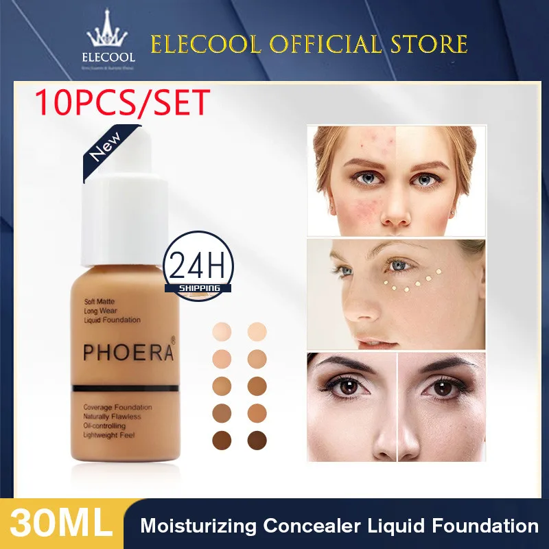 PHOERA 10PCS Face Liquid Foundation Set Matte Foundation Base Face Concealer Oil-control Cosmetic Dropshipping Makeup TSLM1