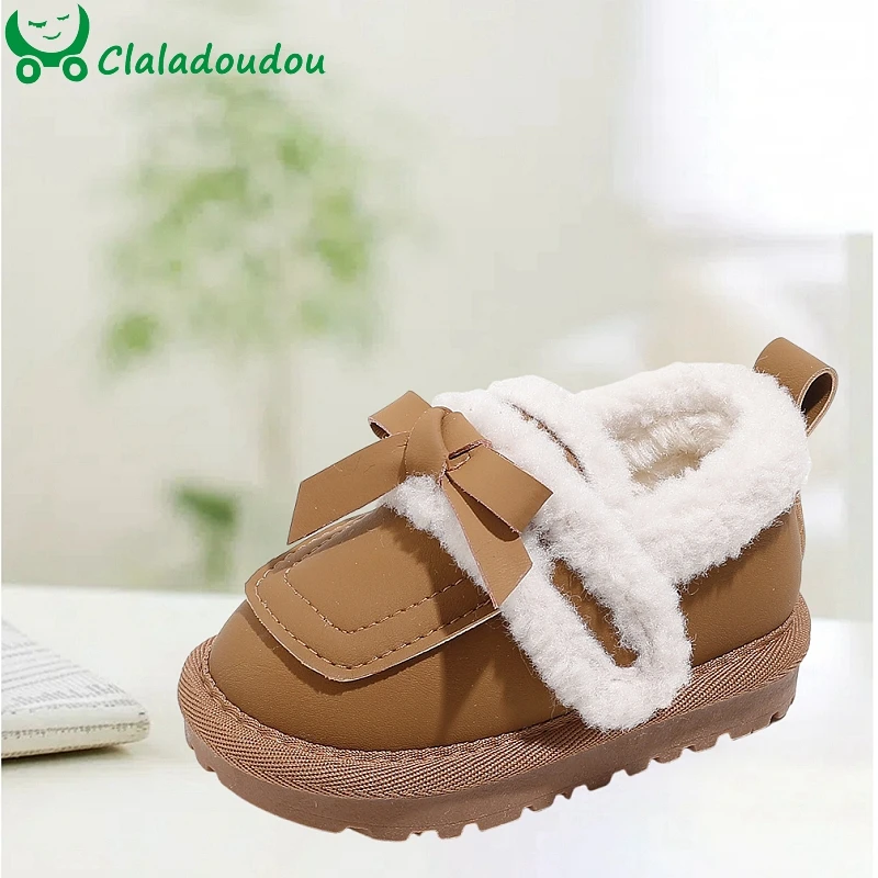 

Claladoudou Winter Baby Girl Shoes With Warm Plush,Microfiber Leather Baby Booties With Cute Bowtie,Toddler Shallow Warm Shoes