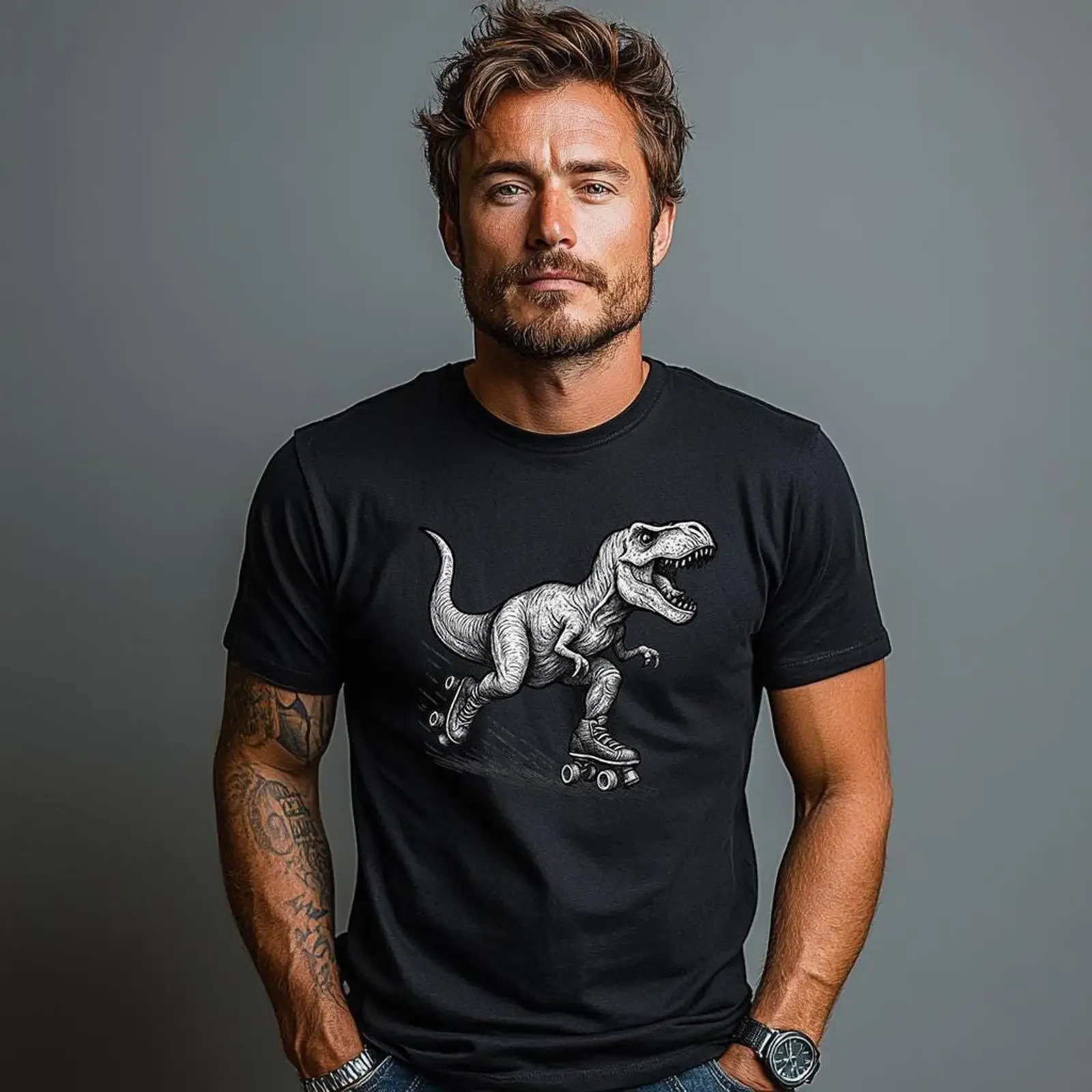 Retro T Rex Roller Skate Shirt Funny Dinosaur  vintage Washed graphic Breathable Top For Everyday Wear Casual Stylish