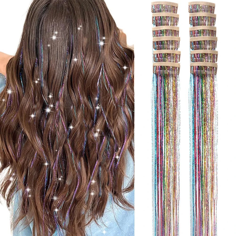 Hair Tinsel Clip in 12 Pcs Hair Tinsel Kit for Girls 20inch Synthetic Glitter Hair Accessories Clip in Hair Extensions for Women