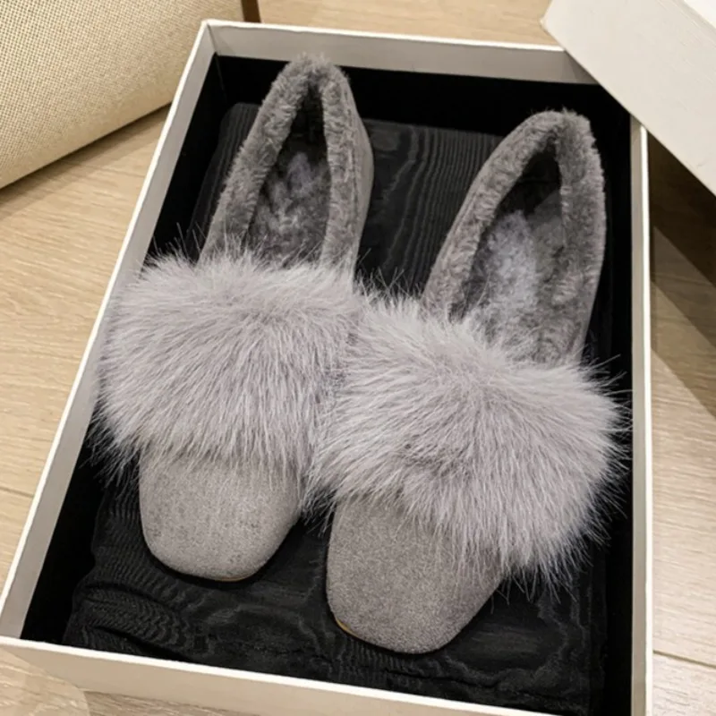 

Женские туфли на плоской подошве с мехом, модные неглубокие плюшевые зимние полусапоги, дизайнерские уютные теплые туфли с квадратным носком, новинка 2025 года, Zapatillas De Mujer
