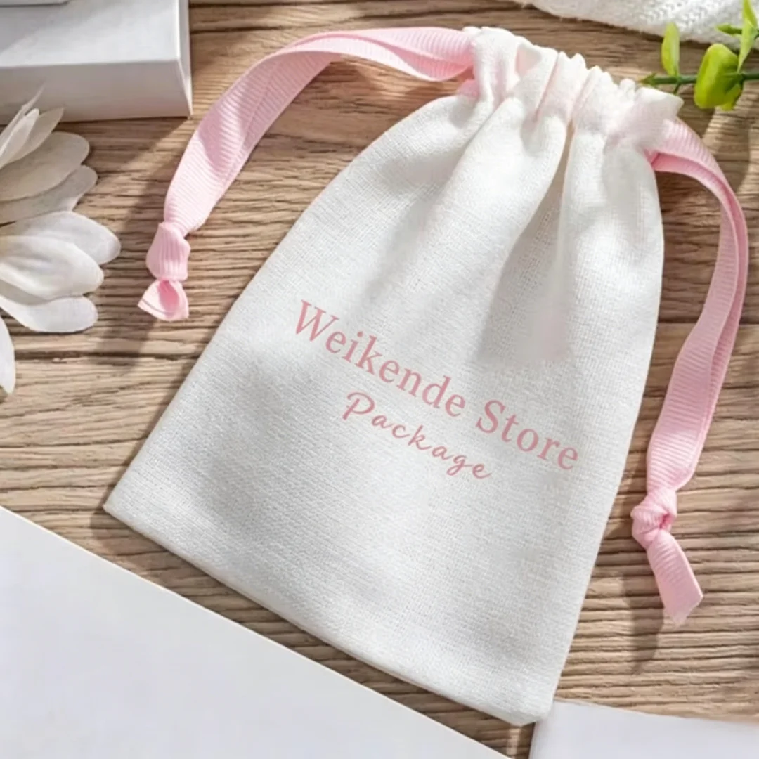 100Pcs Custom Logo White Burlap Cotton Drawstring Bag With Pink Grosgrain ribbon Bridesmaid Wedding Packaging Birthday Gift