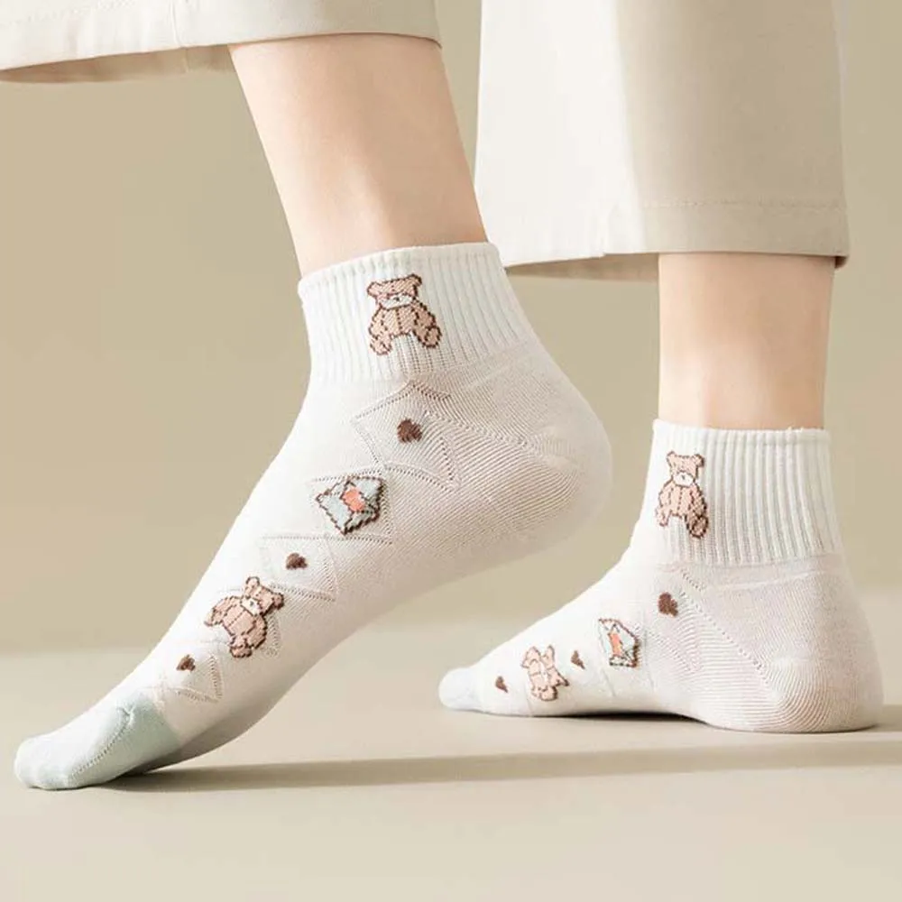 Lovely Cartoon Bear Socks Soft Cotton Sweat-absorbent Socks Korean Style Light Blue Casual Socks for Women Hosiery