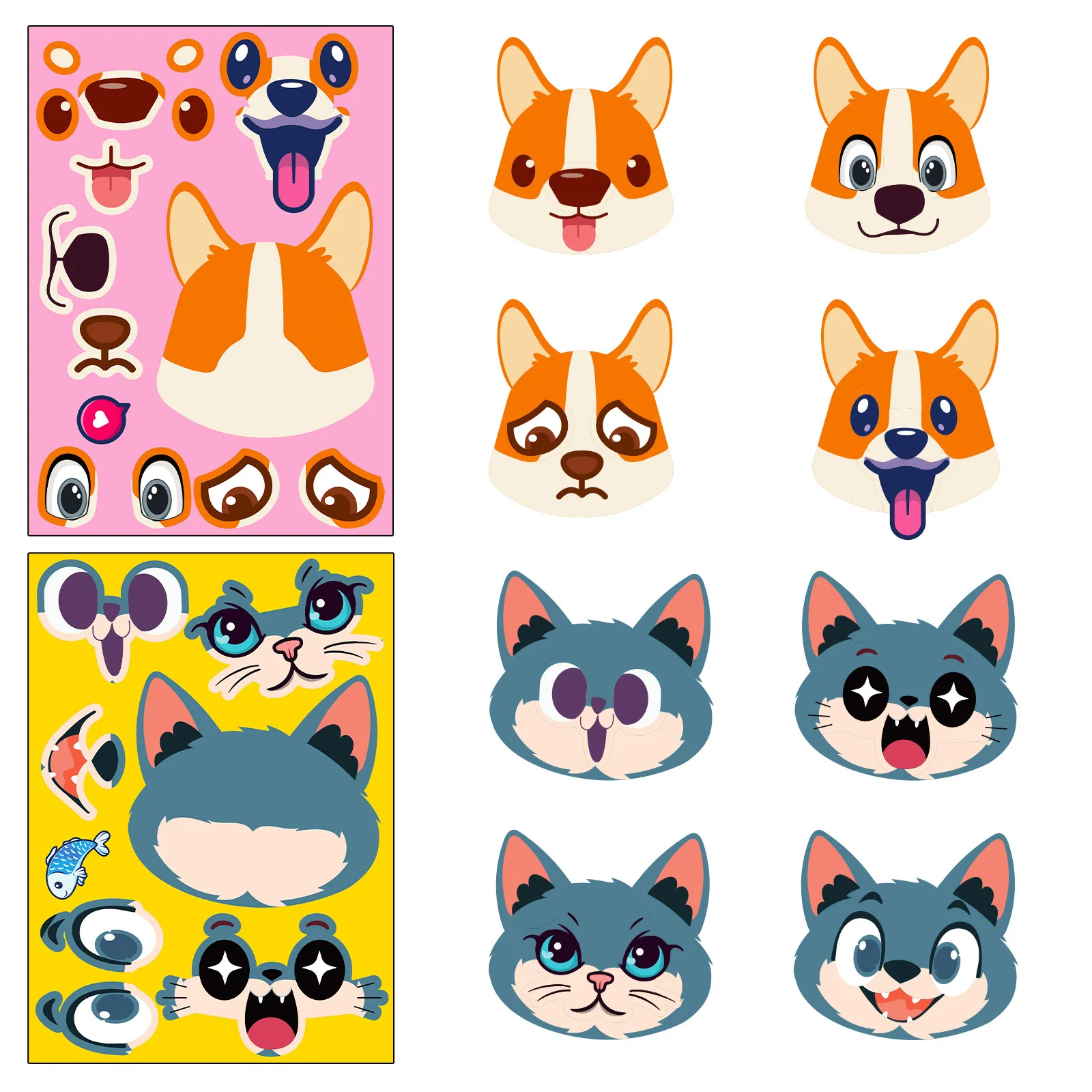 6 pcs cute cat and dog DIY puzzle stickers, funny face dressing, assembling puzzle stickers, children\'s puzzle toys