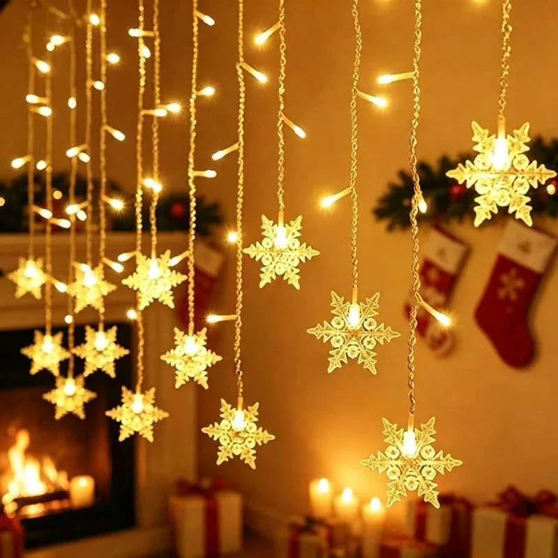 2026 Christmas New Year Flashing LED Snowflake Curtain Light Fairy String Window Holiday Party Decor Fancy Festoon Warm Glow