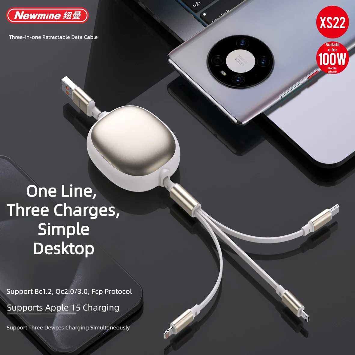 Newmine 3 IN 1 100W Fast Charging 1.2 Meters Retractable Charger Data Cable Portable Micro USB Type C For iPhone Samsung Huawei
