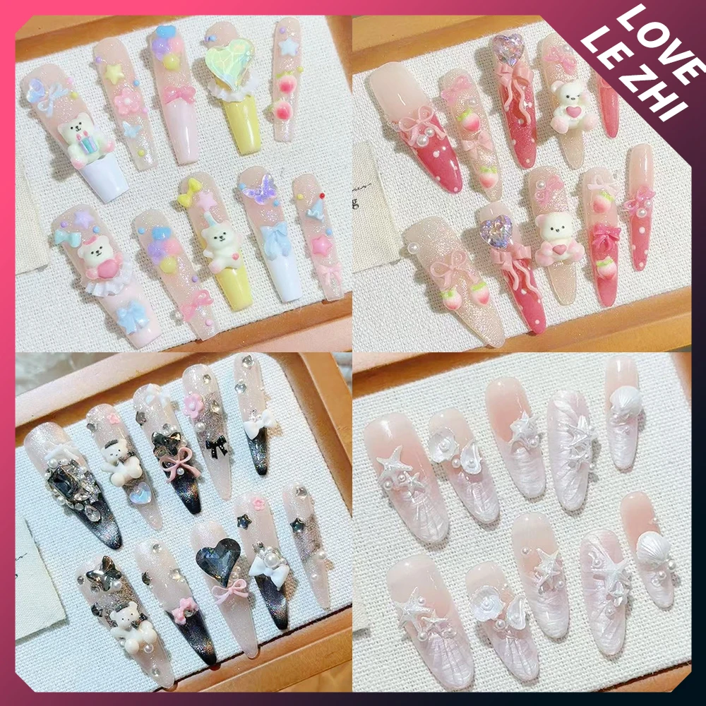

Sweet Cool Handmade Long Coffin Stilettos Reusable Press On Nails Cartoon Hello Kitty Kuromi Bear Diamond Flower False Nail Gift