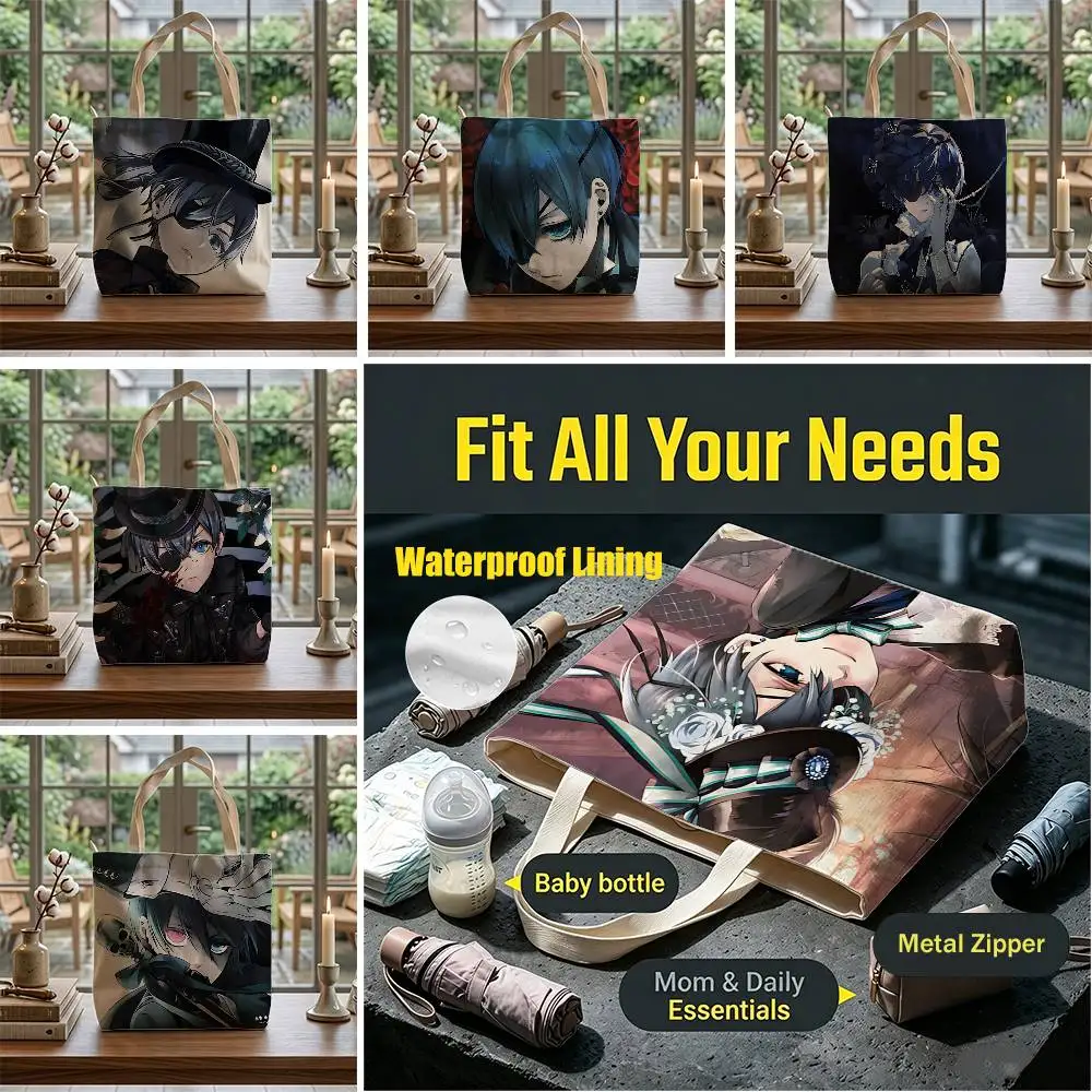 

Black B-Butler Manga C-Ciel Storage Bags Waterproof Canvas bags suitable for going to class, shopping, gifts, and commuting