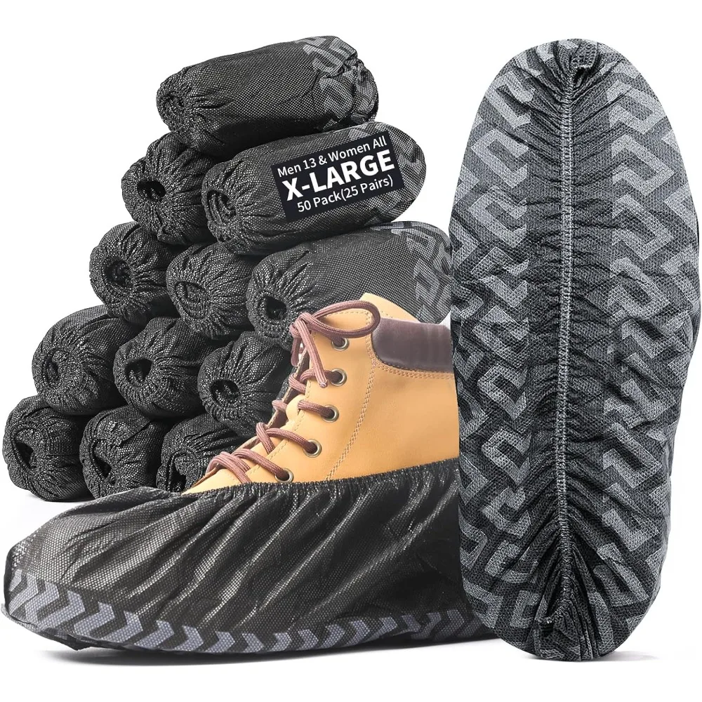 Fundas desechables antideslizantes para zapatos, color negro, paquete de 50, tamaño grande, resistentes al agua, de tela no tejida, elásticas, se adaptan a zapatos de hombre hasta la talla 13 de EE. UU., para protección en interiores y exteriores, hogar, construcción, pintura y limpieza.