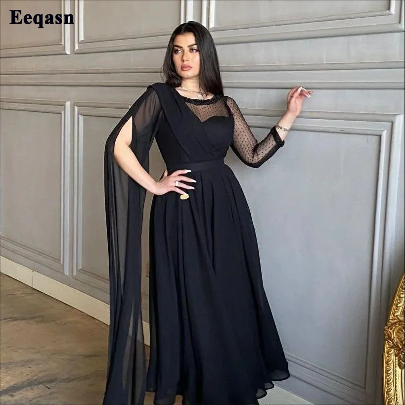 

Eeqasn Black Saudi Arabia Chiffon Prom Dresses Long Sleeves Women Dress A Line Formal Party Evening Gowns Dubai Pageant Gown