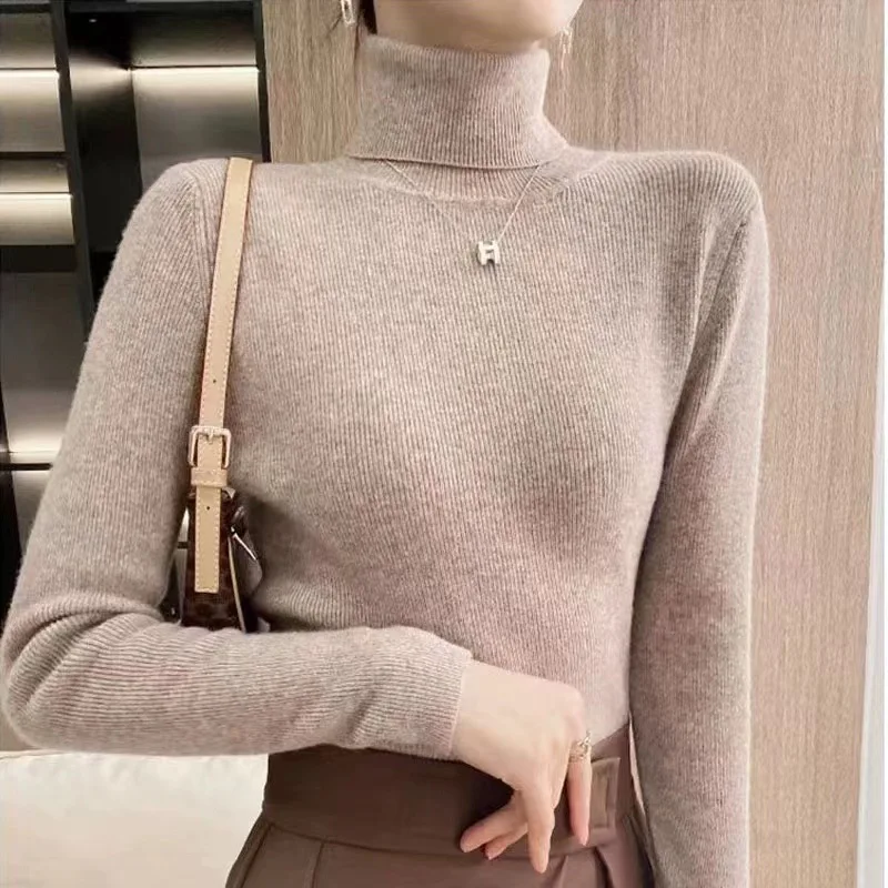 

Autumn winter Women's Sweater High Neck Knitted Pullover Korean Version Slim Long Sleeve Solid Knitted Sweater