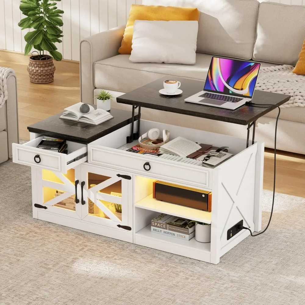 48 Farmhouse Coffee Table with Lifting Top, LED Center Table with Human Sensor Light,Lift Top Coffee Table