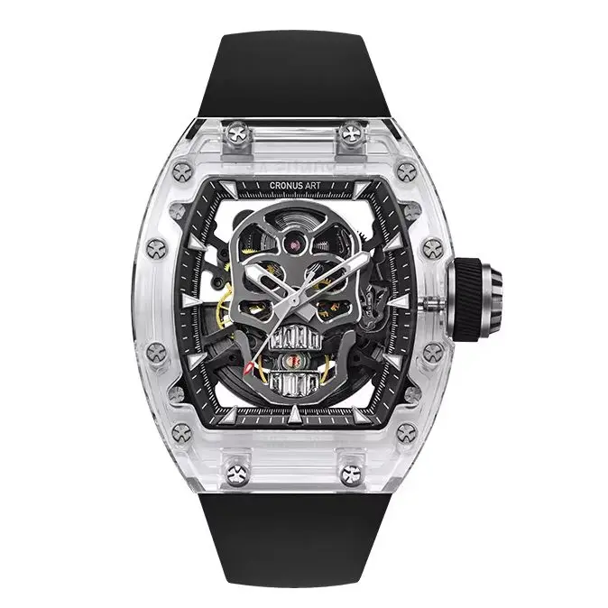 CRONUSART Men Automatic Watch 50mm Tonneau Mechanical Wristwatch Sapphire Case Luminous Skeleton Skull Dial FKM Strap