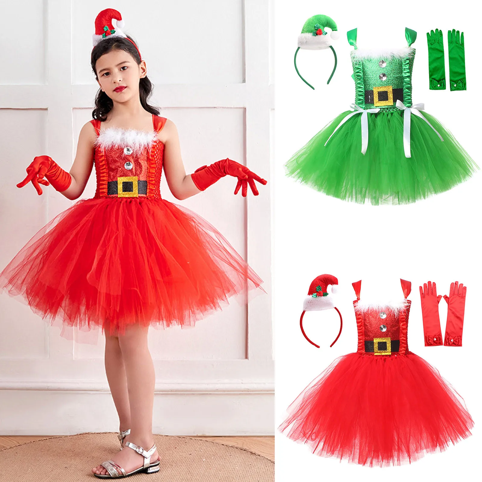 Sparkly Christmas Elf Tutu Dress for Girls Santa Claus Costumes for Kids Birthday Halloween Outfit Children Xmas Holiday Clothes