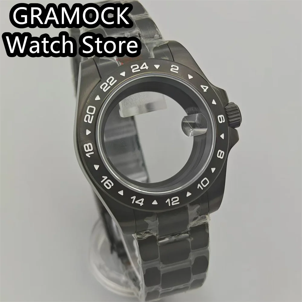 GRAMOCK 40mm Black PVD Watch Case Sapphire Glass Fixed 24 Hour Bezel Steel Bracelet Fit NH34 NH35 NH36 ETA2824 PT5000 Movement